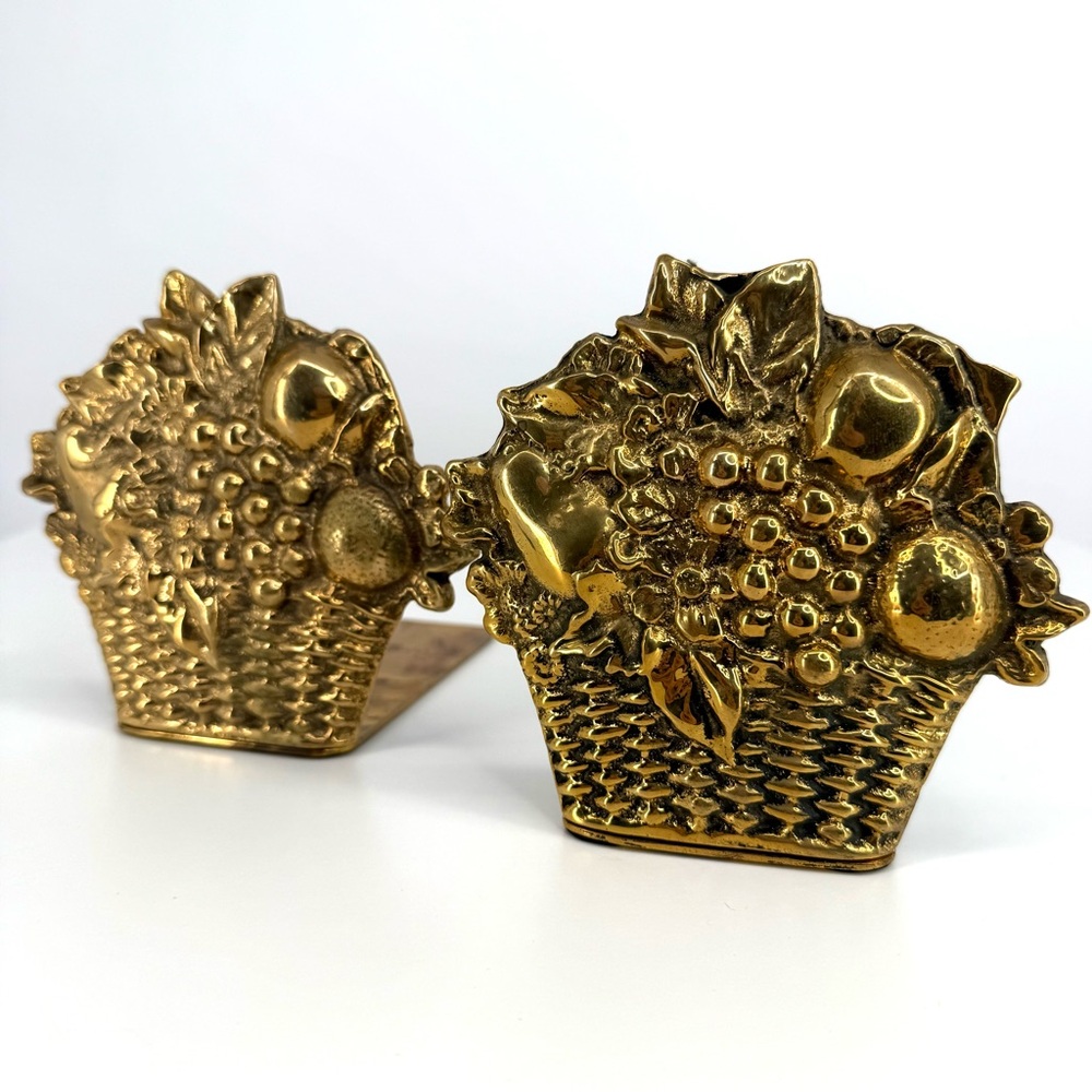 Enesco Gold Brass Fruit Basket Vintage Bookends Set